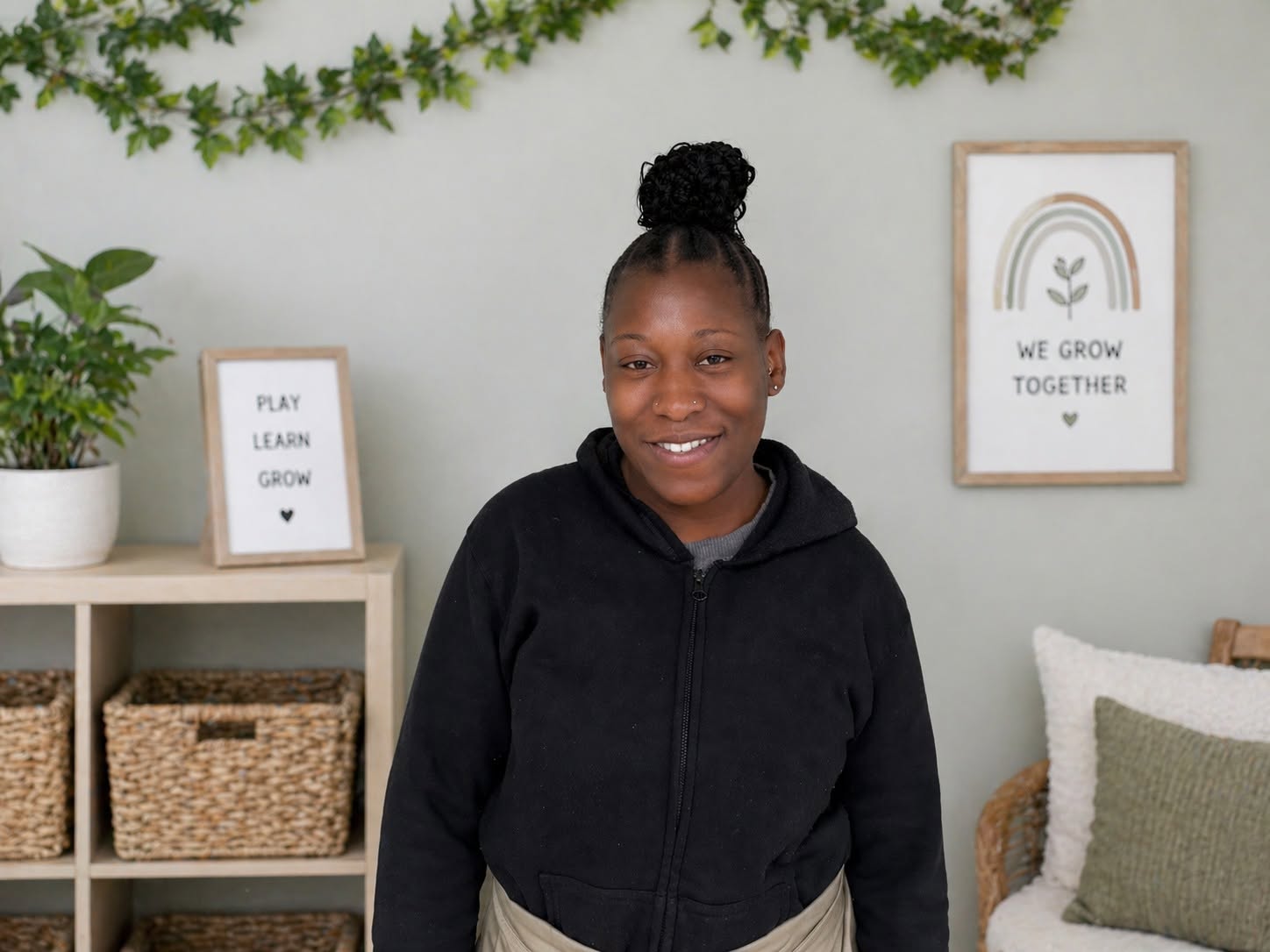 Ms. De’Ashia smiling in a Wild Roots classroom